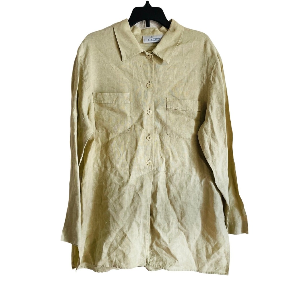 Vtg Cinzia 100% Linen Button Up Tunic Shirt Top Honeydew Travel Light‎ Womens MD